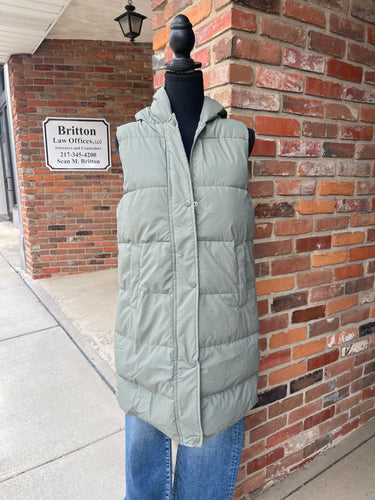 Sage Hooded Long Puffer Vest