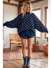 Load image into Gallery viewer, Oversized Navy Polk Dot Mock Neck