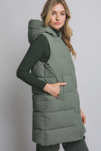 Sage Hooded Long Puffer Vest